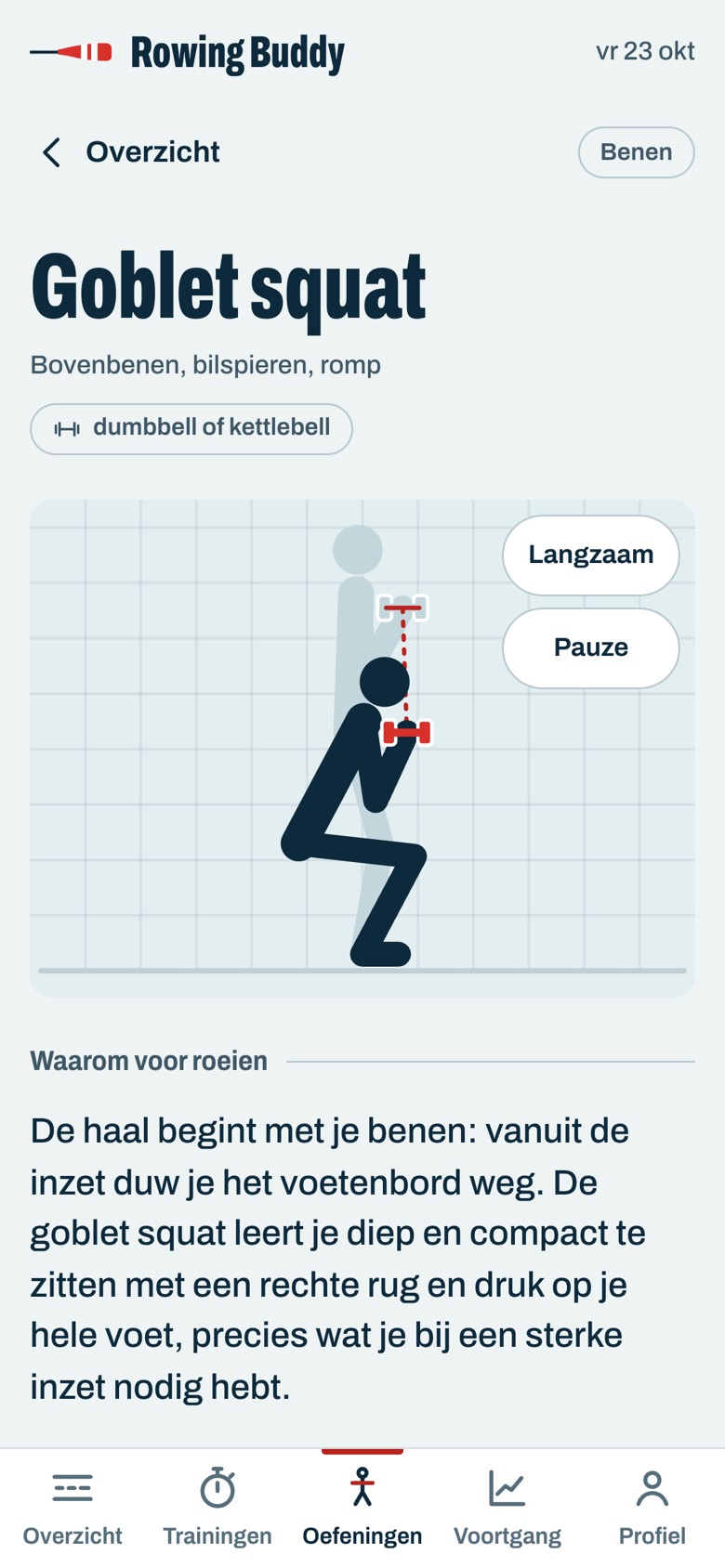 The goblet squat in the app: a moving figure with why it makes your drive stronger (screen in Dutch)