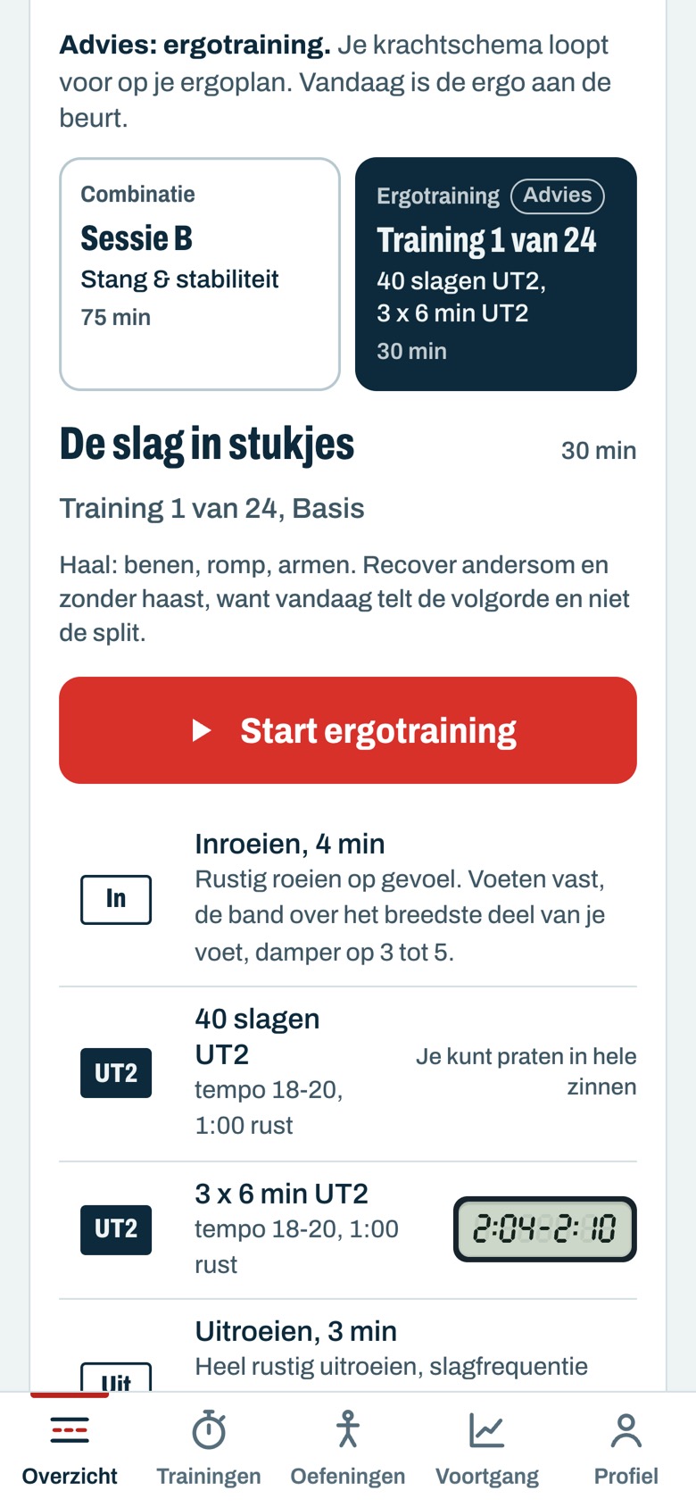 The Today screen: choose between session B or erg workout 1, with the target split in LCD digits (screen in Dutch)