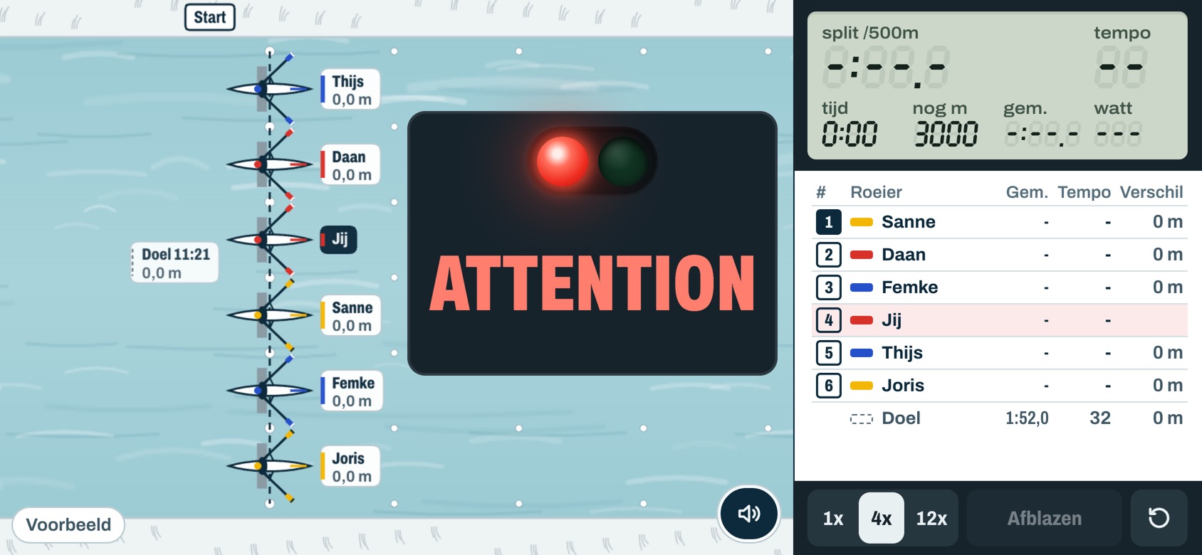 The start light on red with the word Attention