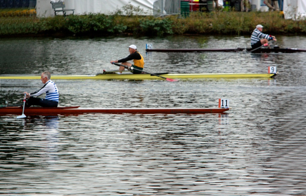 Three scullers with bow numbers racing on a river